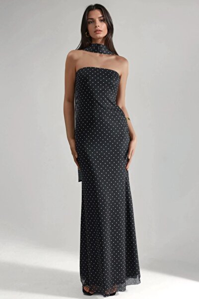 Hiccup Μάξι φόρεμα με σχέδιο πουά και λεπτομέρεια με φουλάρι, χωρίς τιράντες