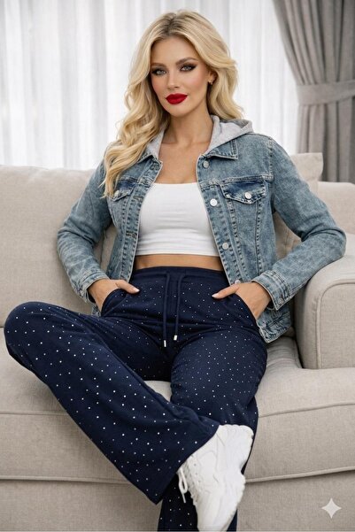 Bluewhs Women's Premium Navy Blue Stoned Palazzo Relaxed Fit Lycra Pocketed T...