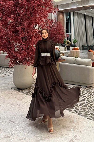 Şulemoda Giyim Βραδινό φόρεμα Vaveyla σε καφέ χρώμα