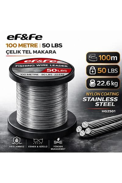 EFFE HG2501 Çelik Tel Makara 100m 50Lbs 22.6kg Nylon Coating Stainless Steel