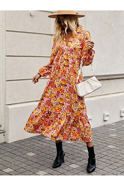 Iuliashop Rochie lungă galbenă Zelima cu imprimeu multicolor - S