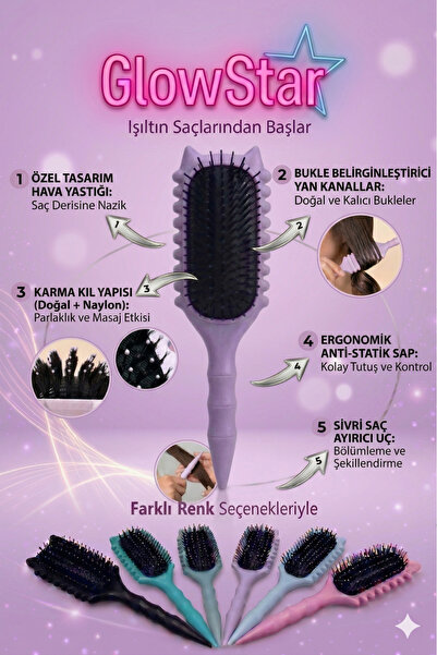 GLOWSTAR Profesyonel Bukle Belirginleştirici Mor Saç Fırçası Kolay Tarama Magic Curl Dalgalı ve Kıvırcık Saç