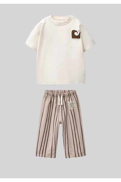 TINY BEAR Ecru Printed Kids T-Shirt - Top and Bottom Set with Striped Pants