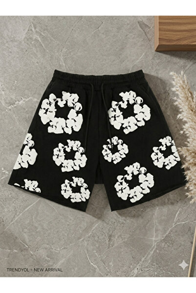 CLASSY.MODA Oversize Μαύρο Σορτς - Βαμβακερό Σορτς με 3D Puff Φουσκωτό Φλοράλ...