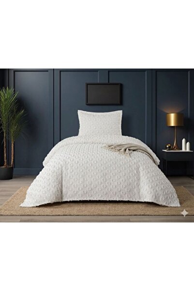 LOTUSEIN Bodrum Single Ecru Bedspread 180X250 cm and 1 Pillow Pompom