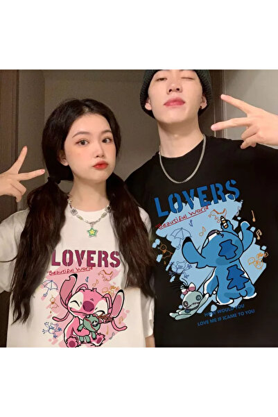 darkopia Unisex Σετ μπλουζών μεγάλου μεγέθους με στάμπα Stitch και Angel LOVE...