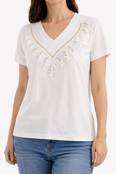 Benedetto Γυναικείο μπλουζάκι με λαιμόκοψη V από βαμβάκι Modal με λεπτομέρεια...