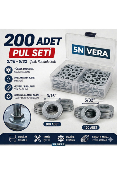 5NVERA 200 Adet Rondela Pul Seti 3/16 ve 5/32 Çelik Vida Altı Pul Metal Tamir...