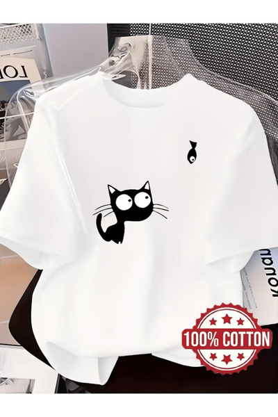 one button Χαριτωμένο μπλουζάκι με στάμπα μαύρης γάτας και μίνι ψαριών, Premi...