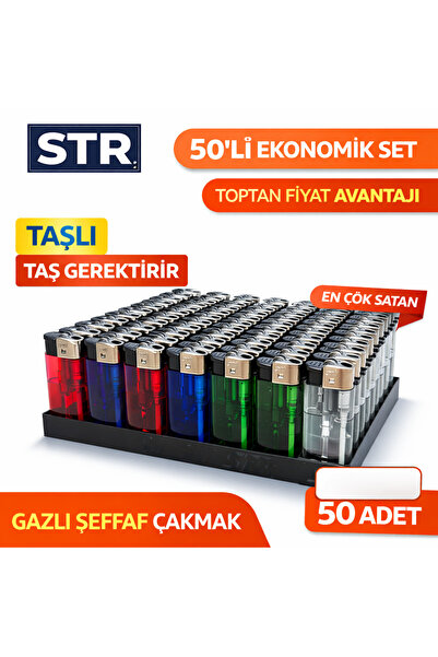 STR Taşlı Gazlı Çakmak 50’li Set Şeffaf Renkli Doldurulabilir Ekonomik Paket