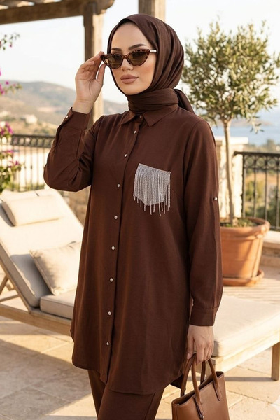 N.S NEVA STYLE Καφέ Πουκάμισο Τεσεττούρ με Κουμπιά 50055KH