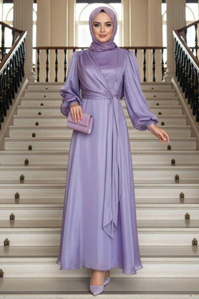 N.S NEVA STYLE Βραδινό Φόρεμα Λιλά Τεσεττούρ με Δέσιμο στο Πλάι 62191LILA