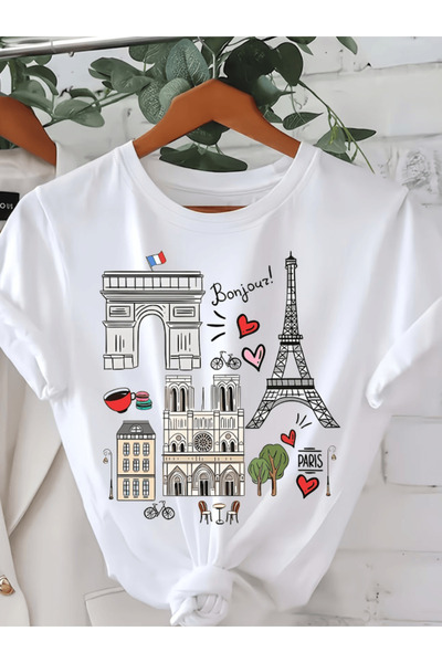 one button Μπλουζάκι με θέμα Παρίσι, με στάμπα Bonjour, Premium Oversize