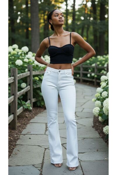 geenz manifacture Λευκό Cherry Lycra Ψηλόμεσο Ισπανικό Τζιν Παντελόνι