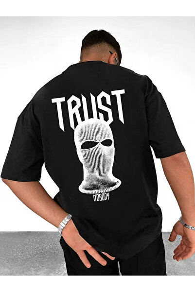 LAND MODA تي شيرت Trust Nobody Single Jersey - تي شيرت أسود مطبوع كبير الحجم ...