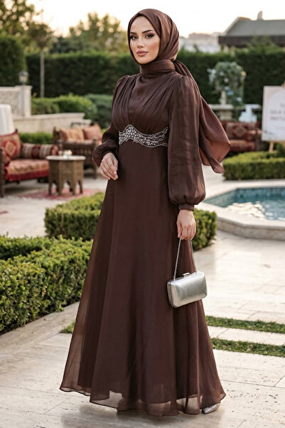 N.S NEVA STYLE Καφέ Φόρεμα Τεσεττούρ με Λεπτομέρειες από Χάντρες 6295KH