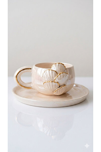 Ahşap Evi El yapımı 24 K Altın Kaplama Midye Türk Kahvesi Fincanı