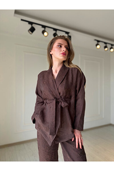 Store Özel Kumaş Kuşaklı Kimono Takım – Kahve
