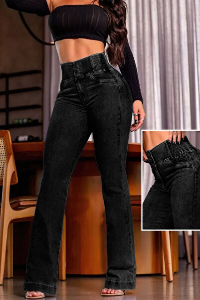 Modayakamoz Γυναικείο τζιν παντελόνι με ψηλή μέση, ελαστικά πλαϊνά και κουμπι...