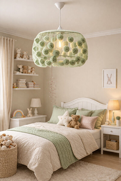 NGAHOME Çağla yeşili Ponponlu Tül Avize 30 cm | Çocuk Odası & Bebek Odası Dek...