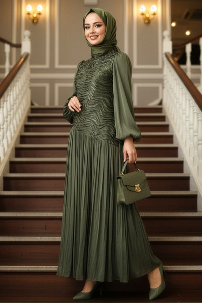 N.S NEVA STYLE Βραδινό φόρεμα με κυματιστό σχέδιο, με κορδόνι περίσφιξης, χακ...