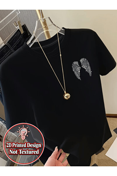 one button Μίνι μπλουζάκι με στάμπα με λαμπερά φτερά αγγέλου, Premium Oversize