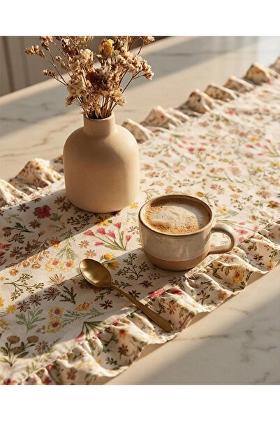incila home Auriva Fırfırlı Runner 40x110 Çiçekli %100 Pamuk Masa Örtüsü Deko...