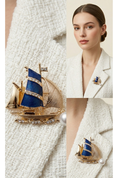 WOONA Zirkon Taşlı İnci Detaylı Gemi Figürlü Yelkenli Broş