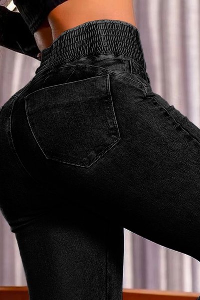 Modayakamoz Kadın Yüksek Bel Yanları Lastik önü Düğmeli Kot Pantolon