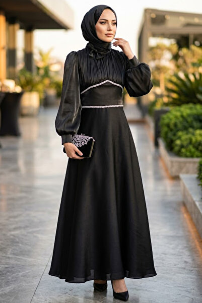 N.S NEVA STYLE Μαύρο Βραδινό Φόρεμα Τεσεττούρ με Λεπτομέρειες από Χάντρες 4778S