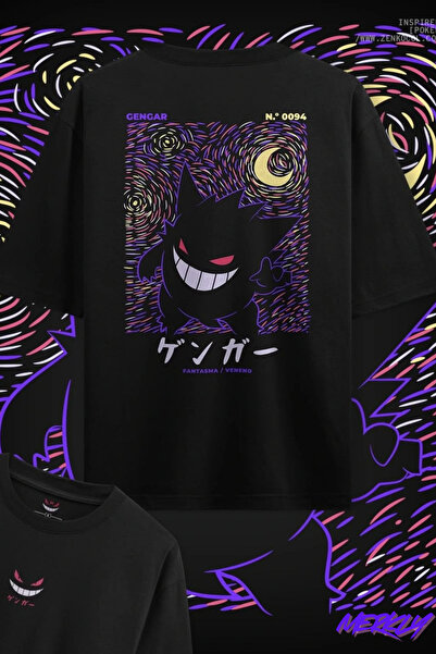 barsdepo Μπλουζάκι με στάμπα Gengar, Oversize Unisex Μαύρο Μπλουζάκι για Παιδ...