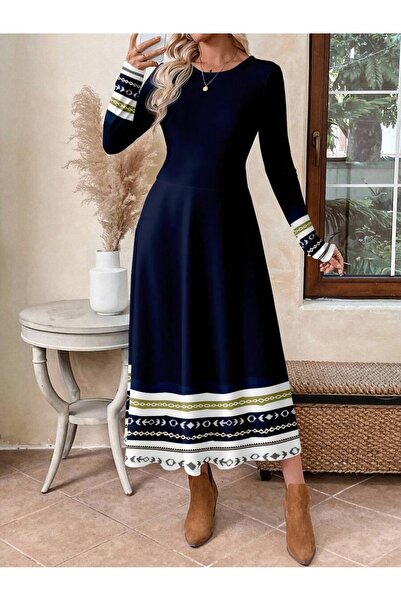 Iuliashop Rochie lungă bleumarin Galatea cu imprimeu geometric - XS