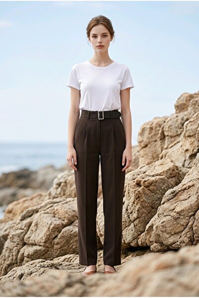 hies Women's Double Palazzo Pants, Wrinkle-Resistant Fabric, Half Belt Detail