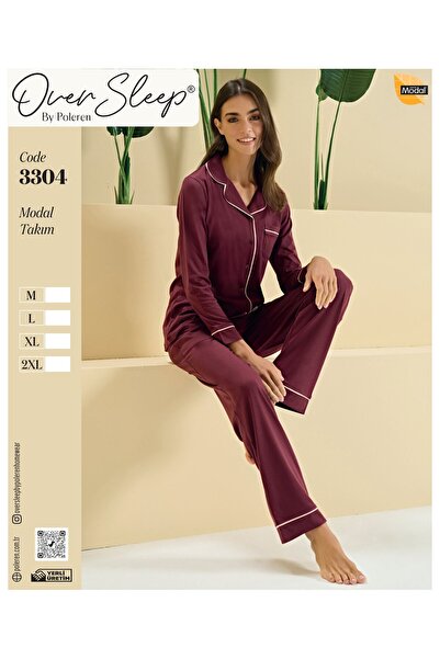 over Sleep Poleren Bordo Modal Düğ. Pijama Set