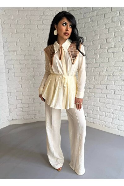 moneta boutique Γυναικείο πουκάμισο με πιέτες στη μέση και παντελόνι με φαρδι...