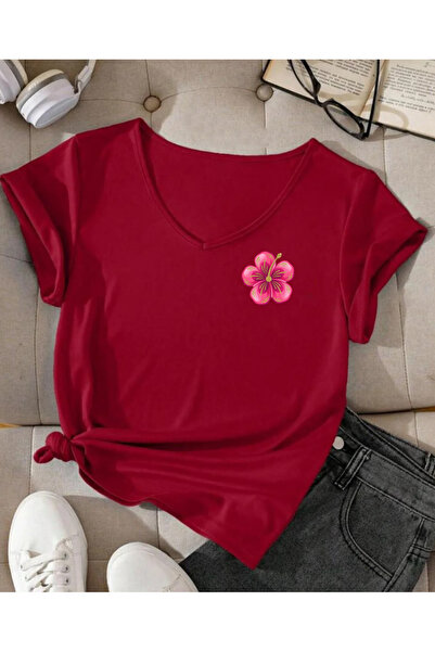 SUNFREE تيشيرت نسائي أساسي بأكمام قصيرة وياقة على شكل حرف V مطبوع عليه HIBISCUS