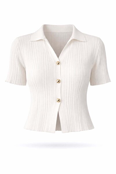 5in1Canpolat Ecru Gold Buttoned Ribbed Cardigan 251332