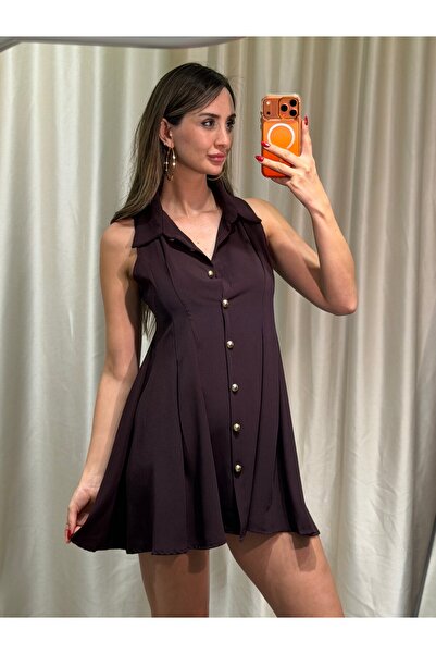 HARMONY GLOBAL Μπορντό χρυσό φόρεμα με κουμπιά, αμάνικο, μίνι καμπάνα 7849