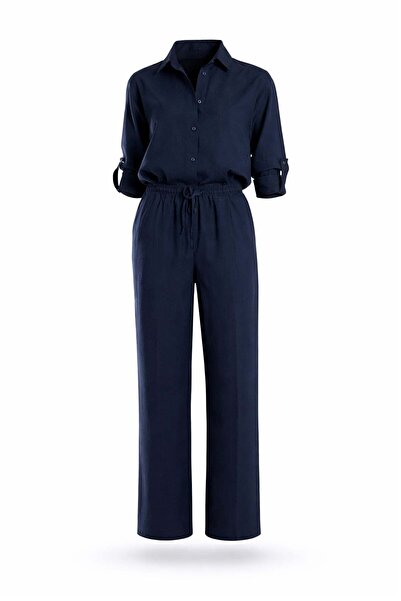 5in1Canpolat Σετ παντελονιού και πουκάμισου από λινό σε μπλε ναυτικό 1011