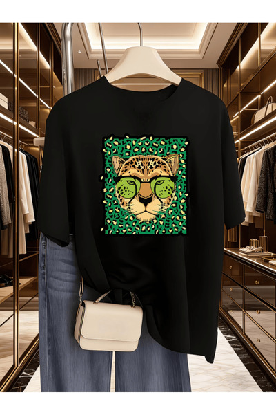 gencerco Μπλουζάκι Premium Oversize με στάμπα πράσινου θέματος και γυαλιά λεοπάρ