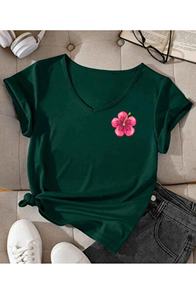 SUNFREE HIBISCUS Μπλουζάκι με στάμπα V-λαιμόκοψη και κοντό μανίκι, κανονικό γ...