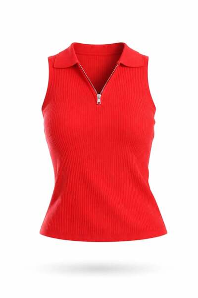 5in1Canpolat Κόκκινο πλεκτό με λεπτομέρεια με μισό φερμουάρ 5170