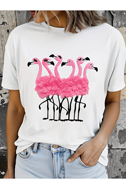 gencerco Χαριτωμένο μπλουζάκι ροζ χρώματος με στάμπα φλαμίνγκο, Premium Oversize