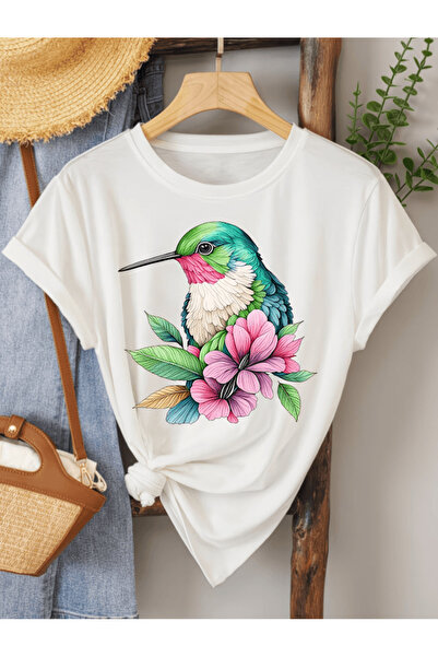 gencerco Χαριτωμένο πολύχρωμο μπλουζάκι με στάμπα πουλιών Premium Oversize