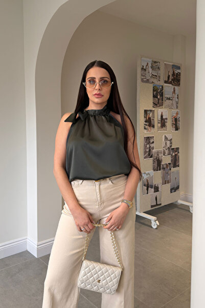 MAGARDE Πολυτελής Σατέν Μπλούζα με Δέσιμο στο Λαιμό - Σμαραγδί