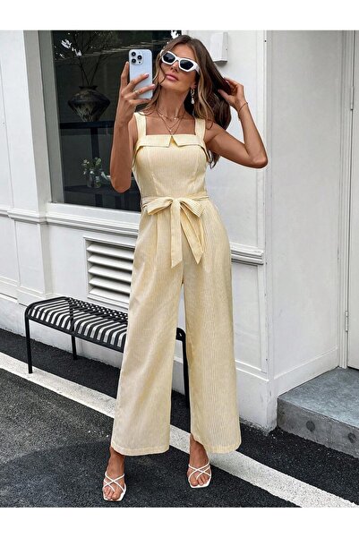 Iuliashop Glamy Long Overalls White with Yellow Stripes - M