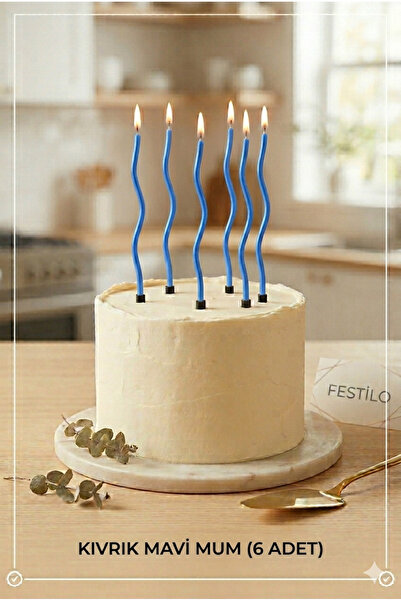 FESTİLO 6 Lı Kıvrımlı Mum Mavi Pasta Süsü Spiral Mum Pasta Mumları 16 Cm
