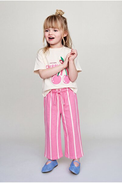 Magu ız Çocuk Pamuklu Ekru Kiraz Baskılı Tişört Çizgili Eşofman Takım