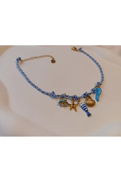 stainless steell Gold Detailed Marine Themed Blue Steel Anklet (22-27 cm)