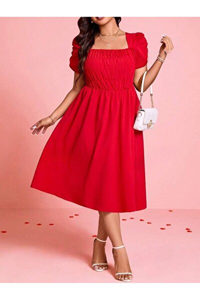 Iuliashop Rochie midi Laila roșie - Mărimi mari - 44
